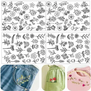 Flowers Leaves Water Soluble Hand Sewing Stabilizers, Floral Embroidery, Self adhesive embroidery cloth DIY Fabric Stick and Stitch Embroidery Paper with Pre-Printed Flowers and Leaves Pattern Transfers for Hand Sewing Lover Beginners