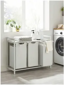 Laundry Basket, 3-Compartment Laundry Hamper, Pull-Out and Removable Liner Bags, Clothes Sorter, Shelf, Metal Frame, 3 x 40 L, 92.5 x 33 x 72 cm, White