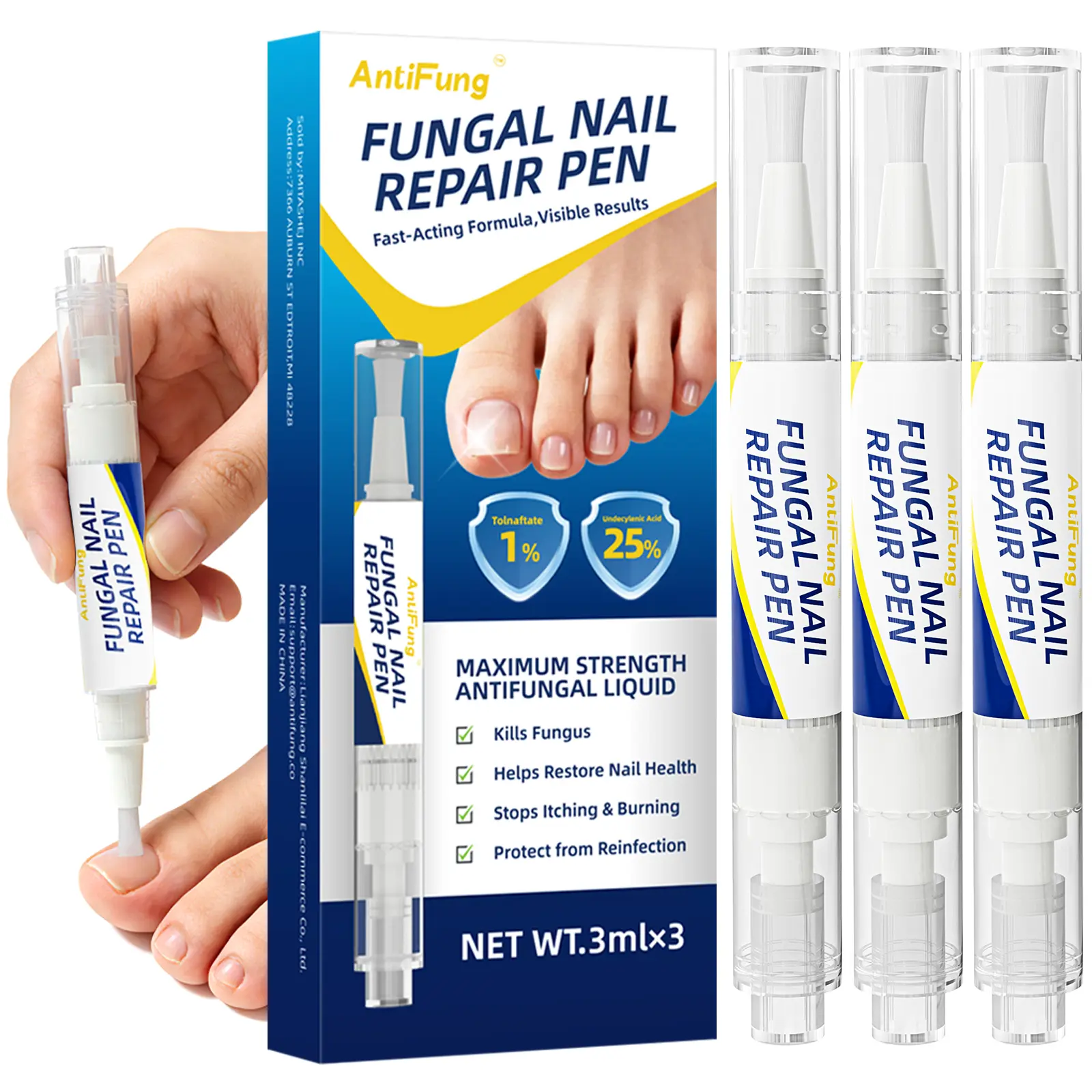 Toenail Fungus Treatment Extra Strength - AntiFung Antifungal Pen with 25% Undecylenic Acid - Effective Nail Repair for Damaged Nails, Ingrown Nails & Discoloration - 3-Pack Twist Pen