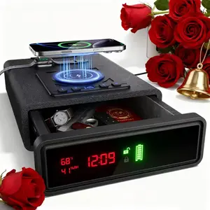 Solid Safebox Strong Love Valentine's Day Gift Biometric Smart Gun Safe with Wireless Charging for Phone&Watch, 3 Quick Access Stopbox with Fingerprint Backlit Keypad - Compact Bedside Drawer Safe with LED Light, 24/7 Digital Clock