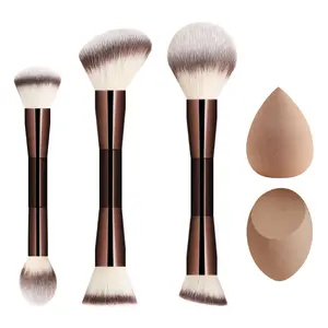 3-Piece Dual-Ended Makeup Brush Set with 2 Beauty Eggs, Makeup Brushes Set, Soft Synthetic Fiber Bristles, Ideal for Foundation, Powder, Blush, Contour, Highlighter