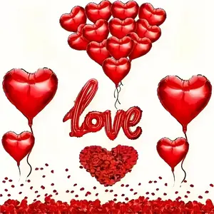Romantic Valentine's Day Balloon Decoration Kit, 500 Rose Petals, 20 Heart Foil Balloons, Perfect for Proposals & Weddings