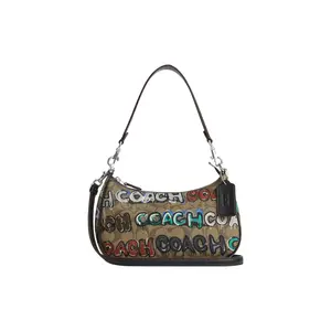 Coach x Mint + Serf Teri Collaboration Letter Graffiti Canvas and Leather Crossbody Bag for Women, Medium Size, Khaki