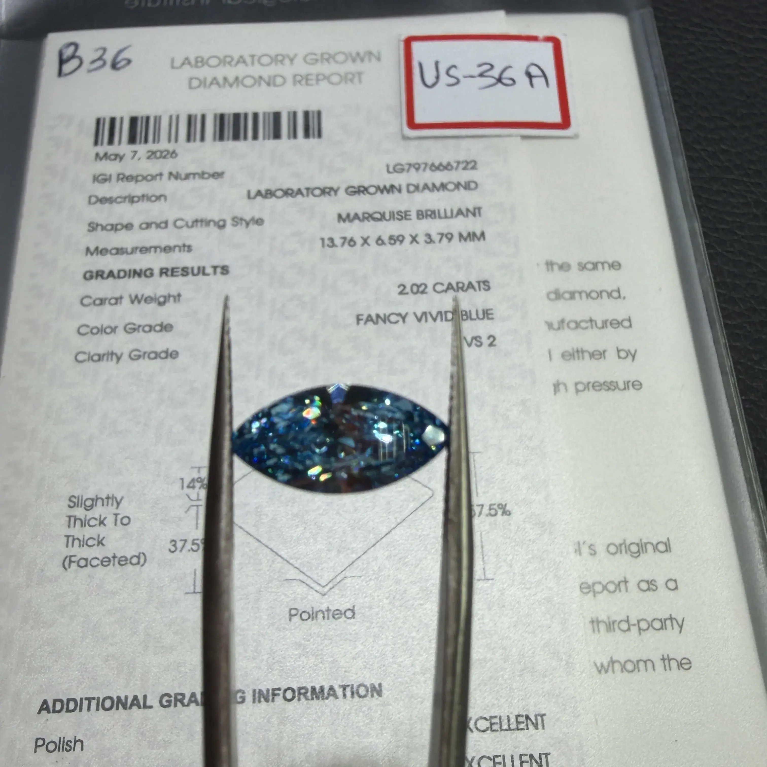 2.02ct Marquise Brilliant Lab Grown Diamond (Fancy Vivid Blue, VS2, IGI Certified)