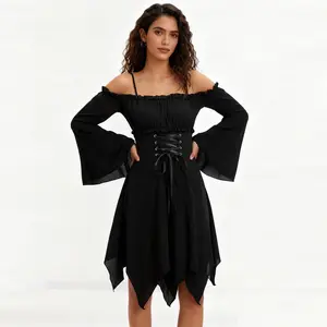 Gothic Off-Shoulder Long Sleeve Asymmetrical Mini Dress with Corset Detail in Black  bridesmaid dresses Womenswear