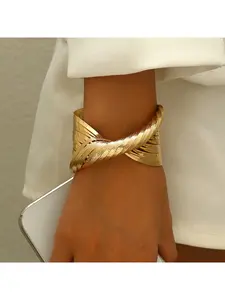 Single Piece Matte Twisted Wide Bangle, Gold-Plated Bohemian Stackable Accessory, Neutral Minimalist Jewelry for Women