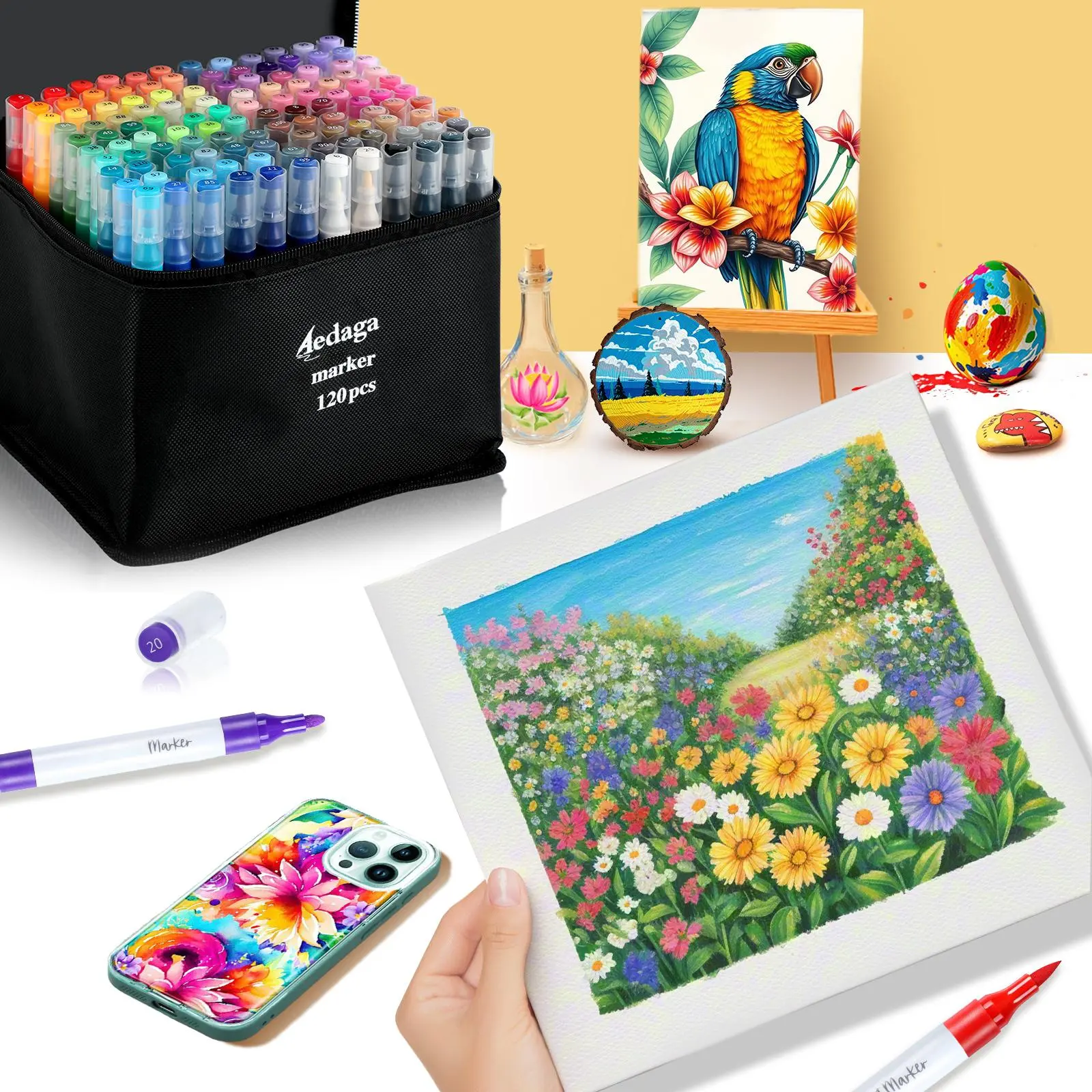 Aedaga Markers 120 Colors Dual Tip Acrylic Paint Markers Set Quick Dry Waterproof Art Markers with Carrying Case Non-Toxic for Rock Painting Ceramic Wood DIY Crafts & More Dual-Tip Colorful