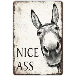 Funny Bathroom Signs Decor – Humorous Vintage Metal Cute Donkey Tin Sign, Farmhouse Bathroom Restroom Toilet Wall Art, Donkey Lover Gift, 8x12 Inch