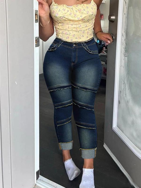 Plus Size Raw Hem High-Waisted Denim Jeans with Pockets, Casual Comfy Slim-fitting Trousers for Daily Wear, Women's Bottoms for Summer
