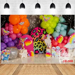 Photography Background One Year Birthday Colorful Balloons Butterfly Leopard Print Unicorn Rainbow Party Backdrop Cloth