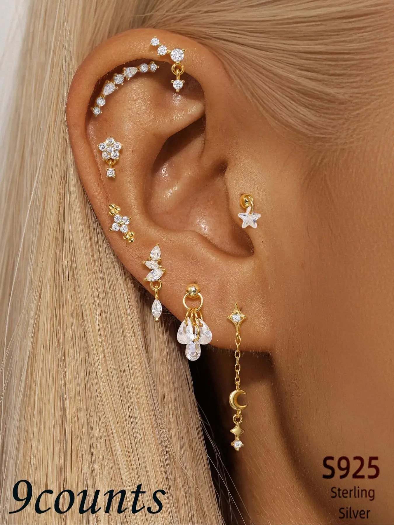 925 Sterling Silver Fashion Flower & Water Drop & Star & Moon Design Earrings, Cartilage Helix Piercing Jewelry for Daily Wear Wedding Party Engagemen