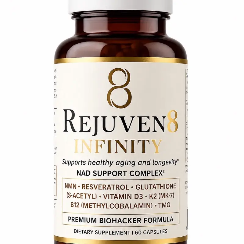 Rejuven8 Infinity - an NAD+ boosting complex with NMN ,RESVERATROL,S-Acetyl-GLUTATHIONE, TMG, B-12(Methycobalmin) D3 (5000iu) , K2 (mk-7) Natural Supplements