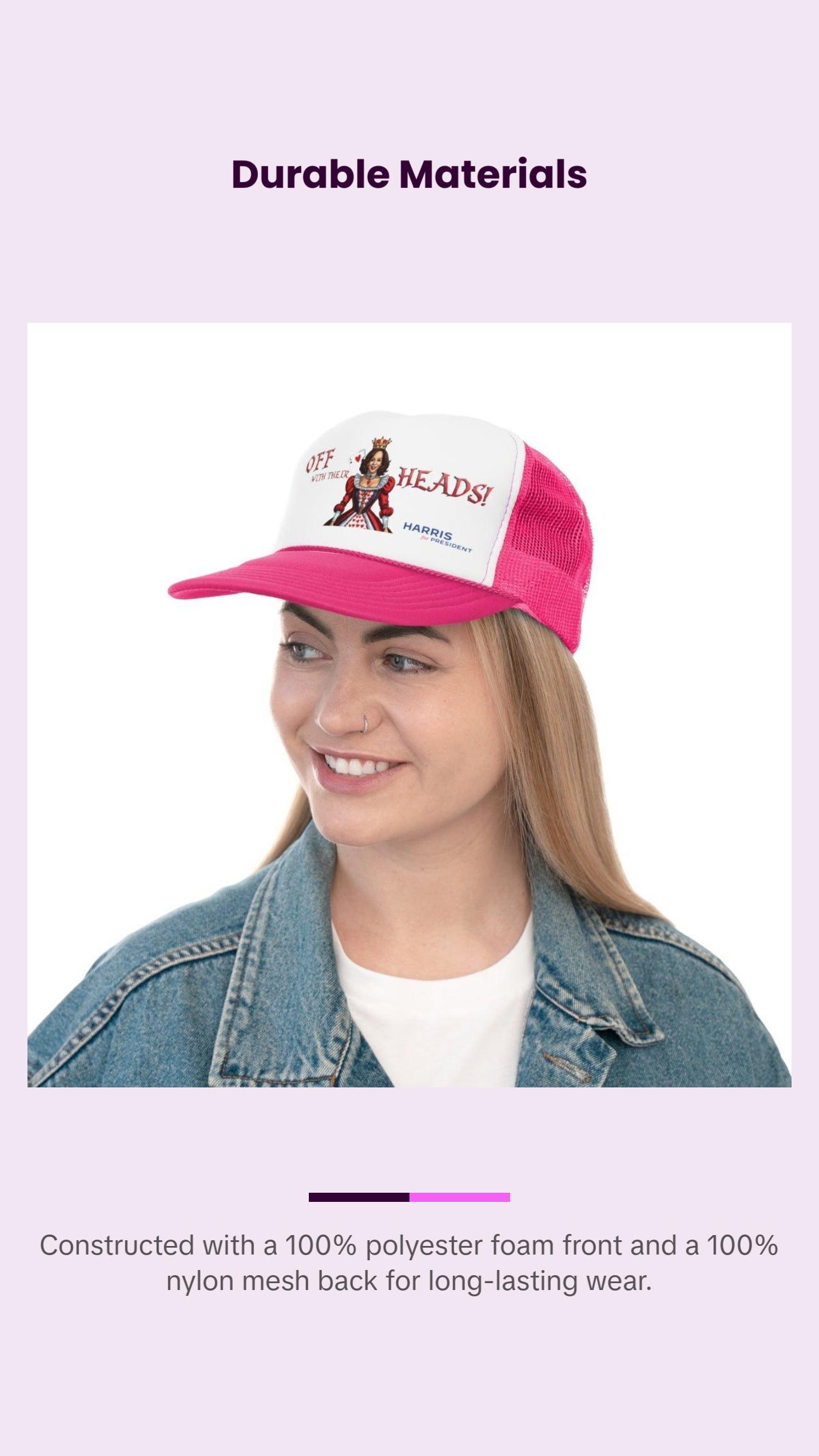 Kamala Harris "Off With Their Heads!" Queen of Hearts Trucker Hat - Playful Political Statement Cap