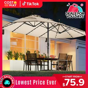 【Solar Led Lights】COSTWAY 13/15ft Large Patio Umbrella, Extra Large Outdoor Double-Sided Twin Umbrella with Base & 36 LED Lights & Crank Handle for Garden, Deck, Poolside, Patio, 4th of july decor, dad gift