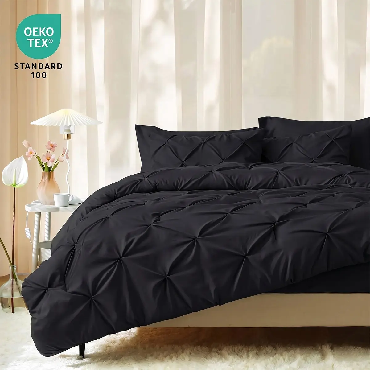 JOLLYVOGUE OEKO-TEX Body-Safe Fabric 7-Piece Queen Black Bed Comforter Set - Bagged All-Season Bed in a Bag, 100Wash Durable, Machine Washable, Cloud-Soft Touch Pintuck Hotel-Quality Bedding Sets (Comforter, Sheets, Pillowcases, Shams)