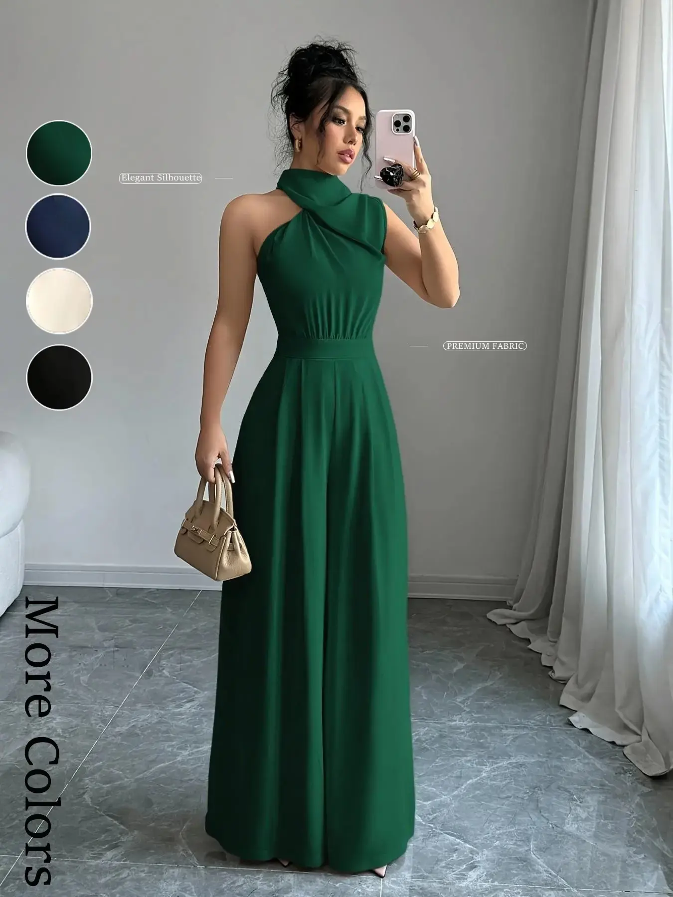 Ladies Halter Neck Waist Cinched Wide-Leg Jumpsuit with Pockets, Chic Elegant Slimming High Waist Dress for Cocktail Parties and Wedding Guests, European Light Mature Style, Dinner Dress, Womenswear