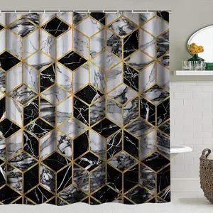 Creative Gold Marble Shower Curtain Set, Geometric Hexagon Pattern, Includes 12 Hooks, Bathroom Decor, Holiday Gift, Shower Essentials