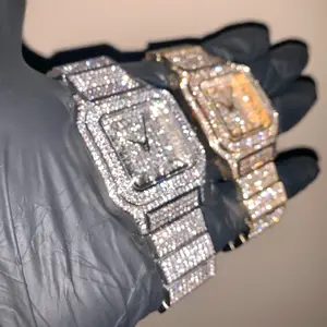 Men's Gold/White Gold Luxury Hip-hop Square Dial Roman Numeral Iced-Out Quartz Watch