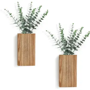 2 Pack Wood Wall Planter Vase with Artificial Eucalyptus Farmhouse Wall Hanging Decor Pocket Planter for Indoor Fake Plants Greenery Flowers, livingroom Bedroom Kitchen Home Office Decoration