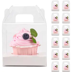12 PCS Individual Cupcake Containers Single Cupcake Boxes with Handle and Inserts Clear Plastic Favor Boxes