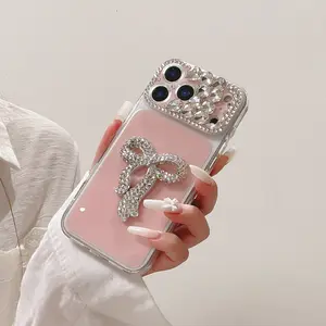 Bow Tie Phone Case with Full Diamond Lens, Candy Color Protective Cover, Anti-Drop Pure Color for iPhone13 14 15 16 17 Pro Plus Pro Max, Girls' Gift