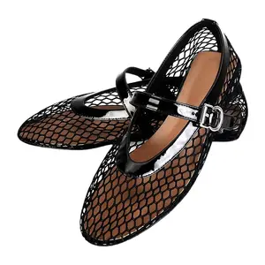 Women's Elegant Buckle Strap Ballet Flats Mary Jane Ballerina Flats Round Toe Fishnet Shoes
