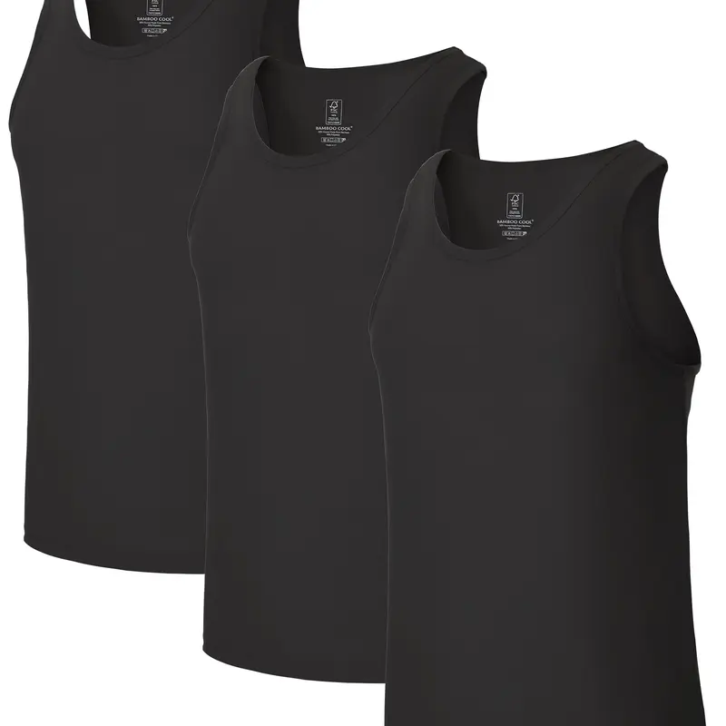 BAMBOO COOL Men's 3-Pack Plain Sleeveless Tank Vest Undershirts Tank Tops - Regular Fit, Stretchy Bamboo Fabric, Moisture-Wicking, Anti-Shrink, Lightweight, Breathable, Shape-Holding, Clean Casual Base Layer