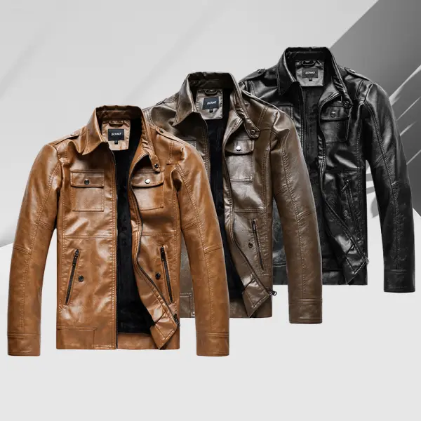Men's Stylish New Winter Fleece-Lined Medium Length Collared Menswear Jacket - Vintage Workwear, Casual Fashion, Washed Finish, Multiple Pockets, Plain Design, Leather Texture, Rugged Retro Aesthetic for Daily Commute, Father's Day Gift, Coats