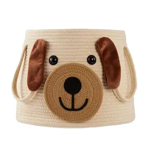 Large Woven Basket with Handles for Laundry, Toys, and Nursery - Cute Animal Design Dog Organiser