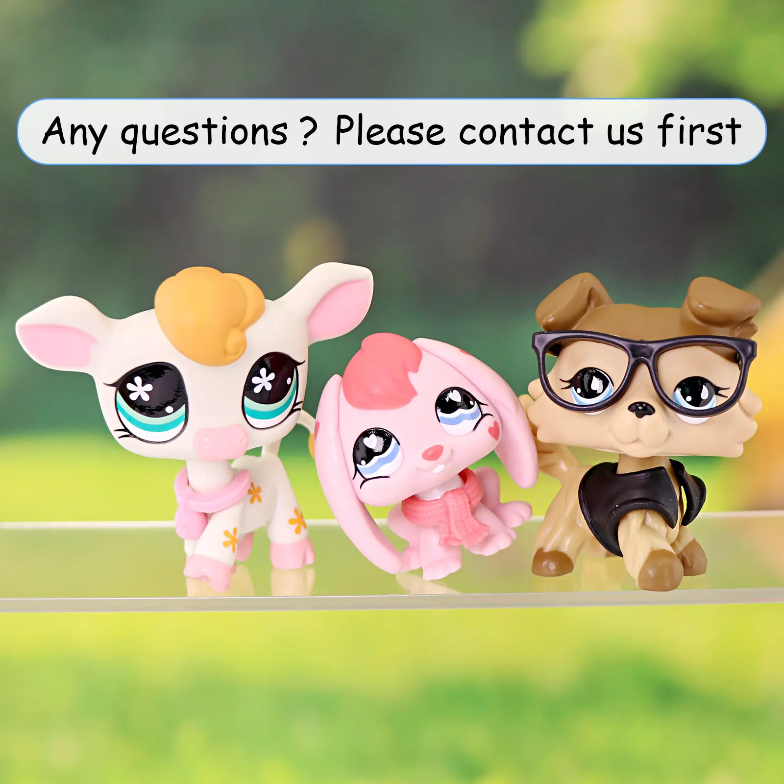 3 pcs Cartoon Mini Animal Figurines Set, White Cow, Pink Lop Bunny & Brown Puppy Figures with Accessories, Collectible Pet Statues, Desktop Decor Ornament Gift for Hobby Collectors