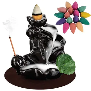 Waterfall Incense Holder Backflow Cone Ceramic Burner Handcrafted Porcelain Censer Incense Stick Stand with 20 Free Cones