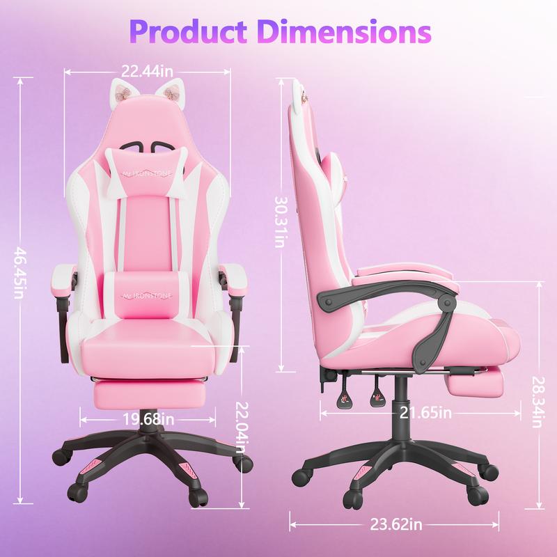 【Sweet!!】Mr IRONSTONE Gaming Chair with Speakers and Led Lights Ergonomic Massage Computer Gaming Chair with Broaden Cusion and Footrest High Back Video Game Chair for Adults Kids Boyfriend Father's Gift, Blue Black and Pink