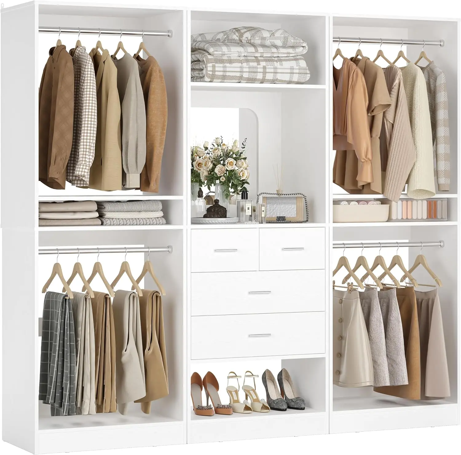 Unikito 75 Inch Closet System with 4 Drawers, 6.3FT Walk in Closet Organizer with Hanging Rods and Mirror Design, Reversible Large Closet Wardrobe with Shelves, Adjustable Closet Tower
