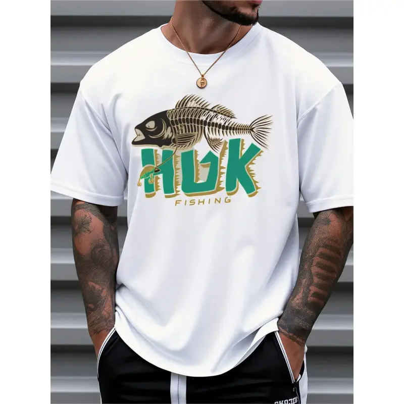 Fit Short Sleeve Casual Tee with Fish Print, Breathable for Outdoor Sports & Summer Wear, Machine Washable, Fishing Shirt, Active Lifestyle Apparel Menswear