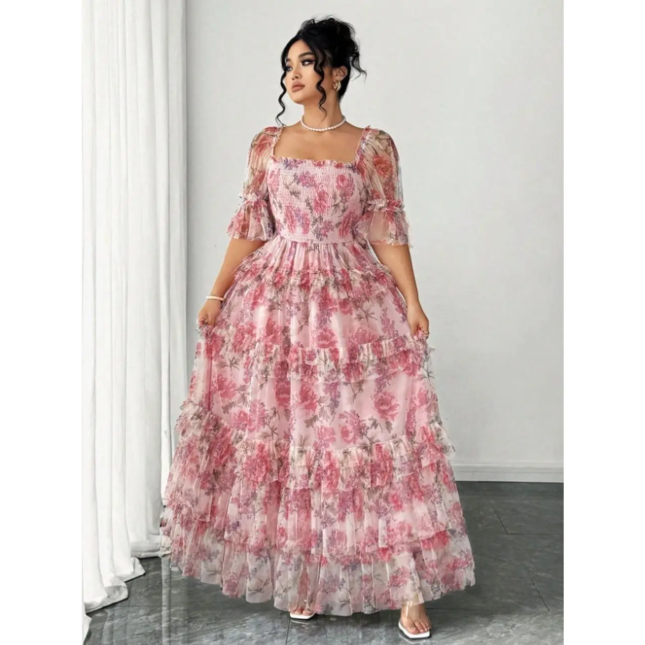 Plus Size Women Elegant Pink Floral Mesh Inlay Knitted Dress, Summer Sundress For Wedding Ninang,Tea Party,Easter,Spring Break,Cocktail Party