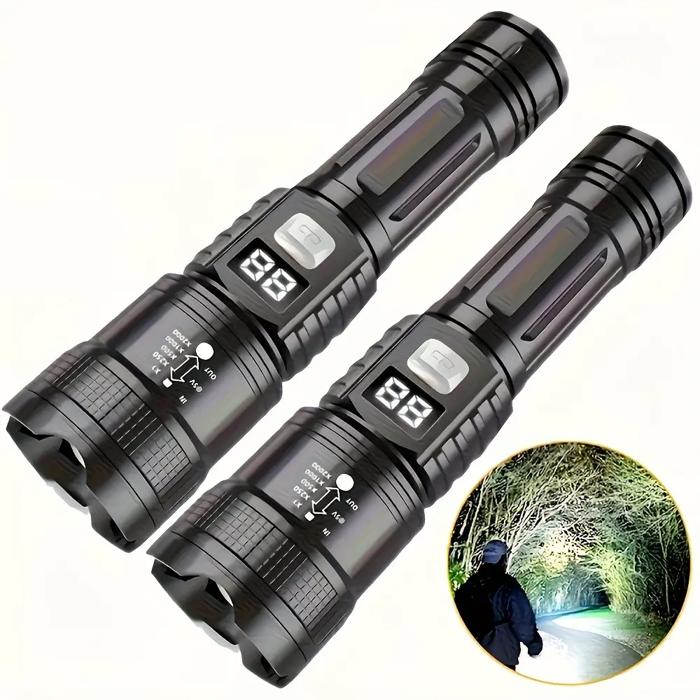 2 Pack Rechargeable Handheld LED Flashlights with Zoomable Spotlight, USB-Charging Ultra-Bright Flashlights with Battery Level Indicator, Ideal for Camping, Hiking, Emergencies, and Travel, Outdoor Flashlight