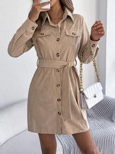 women's solid color corduroy dress, casual long sleeve belted dress for fall & winter, women's clothing for daily wear