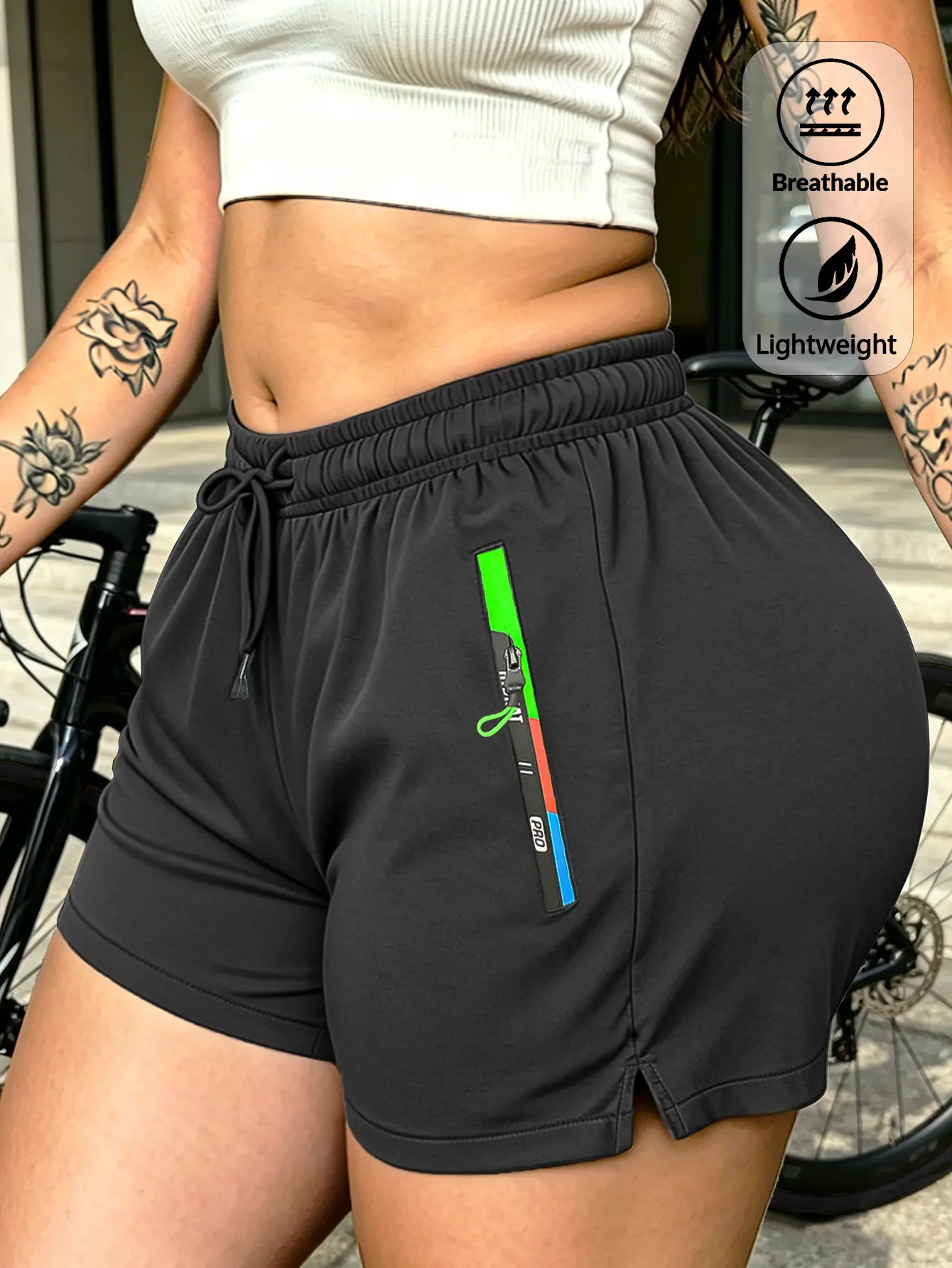 Women’s quick-dry running shorts with elastic drawstring waist, colorful zippered pockets, split hem design; lightweight breathable casual fitness shorts; athletic casual apparel; slim compression training shorts.