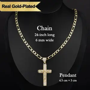 18k Real Gold-Plated Cuban , Figaro, Miami Cross with Jesus Christ Crucifix,24 inches Long and 6mm Wide,Handcrafted Polishing and Multiple Electroplating Daily Wear Necklace