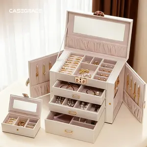 Casegrace 4-Tier Huge Jewelry Organizer with Small Case 3 Drawers for Earrings Rings Bracelets Watches Modern Design Pink