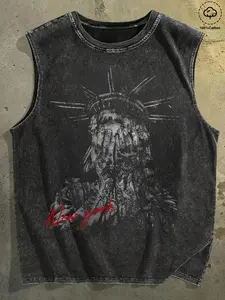 Men's Sleeveless Vest T-Shirt, Fitted Vintage Streetwear Style, High-Quality 100% Soft Washed Cotton, Lady Liberty Pattern, Casual Fashion