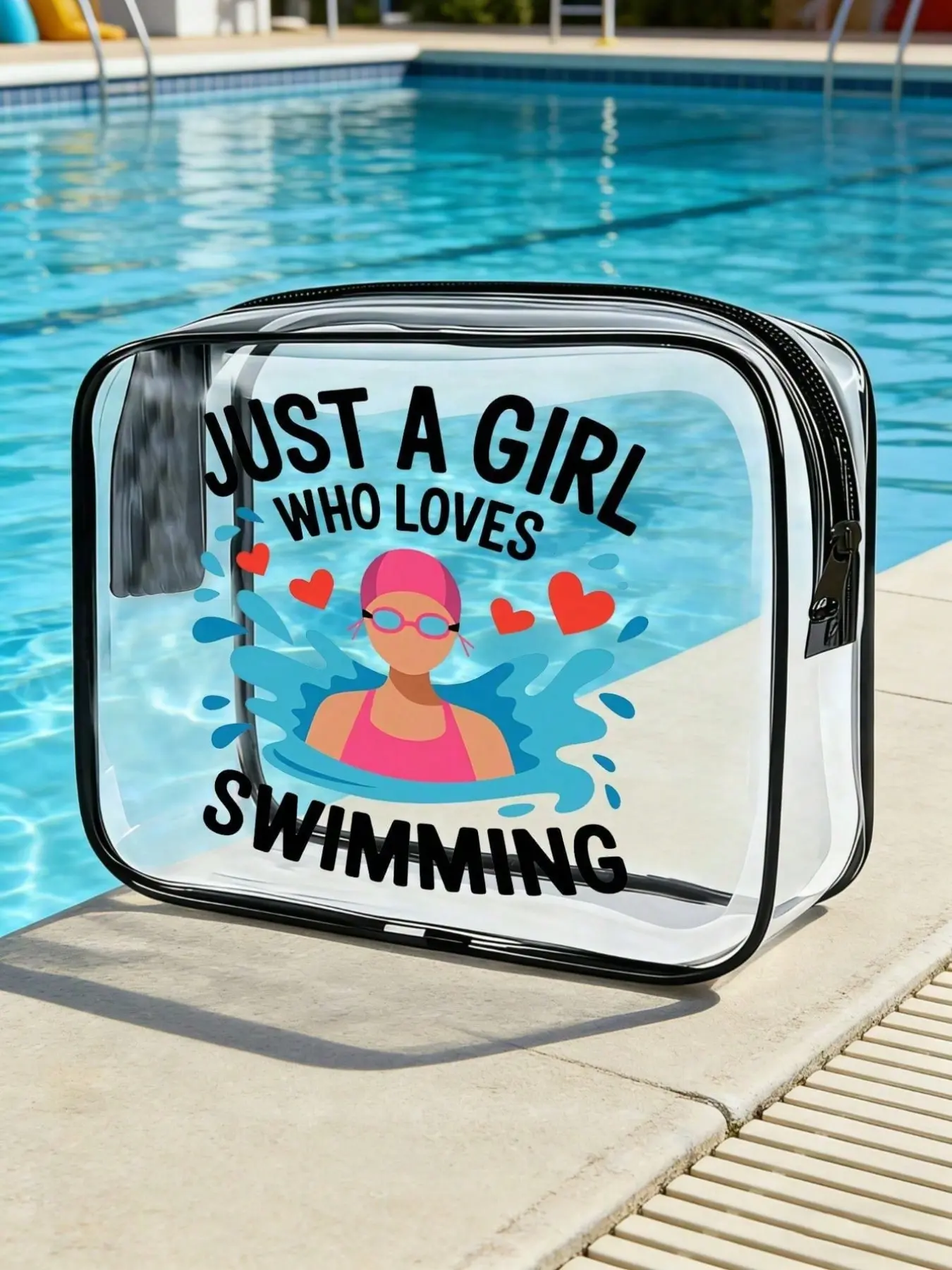 "Just a Girl Who Loves Swimming" Printed PVC Swim Storage Bag, Swimsuit Storage Pouch, PVC Travel Organizer Bag with Zipper Closure - Lightweight, Fade-Resistant Cosmetics and Toiletries Bag, Suitable for Women and Girls