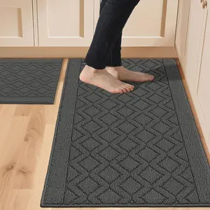 Kitchen Rugs Sets 2PCS,Non-Slip Washable Kitchen Mats for Floor,Absorbent and Stain Resistant Kitchen Runner Rugs for Kitchen Sink Laundry Entryway,20"x30"+20"x48",Grey