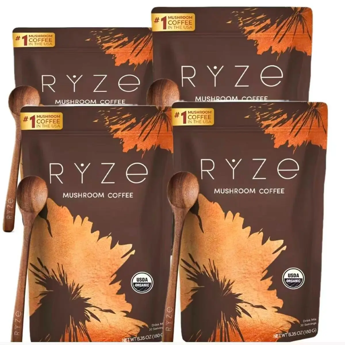 USDA Organic RYZE Mushroom Coffee - USA-Grown Instant Coffee with 6 Adaptogenic Mushrooms, MCT Oil, Vitamin, Turkey Tail, Shiitake, Lion's Mane - 30 Servings for Energy & Focus Support