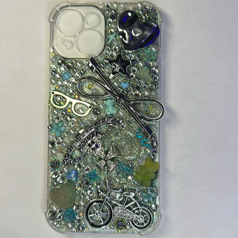 Iphone 15 Customized Silver & Turquoise Junk Cases with Love & Passion Design Featuring Bike and Star Charms