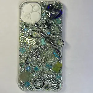 Iphone 15 Customized Silver & Turquoise Junk Cases with Love & Passion Design Featuring Bike and Star Charms