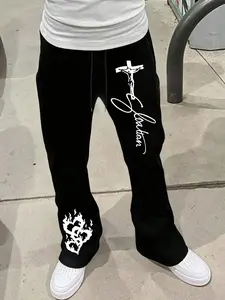 Cross Flame Print Flared Sweatpants, American Street Style Loose Sport Pants, Casual Geometric Pattern, Winter Fashion