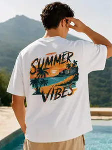 Retro "Summer Vibes" Beach Graphic Tee! Cute Tropical Beach sunset coconut trees Perfect casual holiday OOTD Cotton Menswear Crew Neck T-Shirt Top Womenswear Streetwear Print Tshirt
