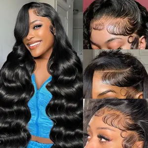 34 Inch 200 Density 13x6 Body Wave Lace Front Wigs Blended Human Hair Hd Transparent Lace Front Glueless Plucked Frontal Wigs 13x6 For With Baby Hair Natural Color