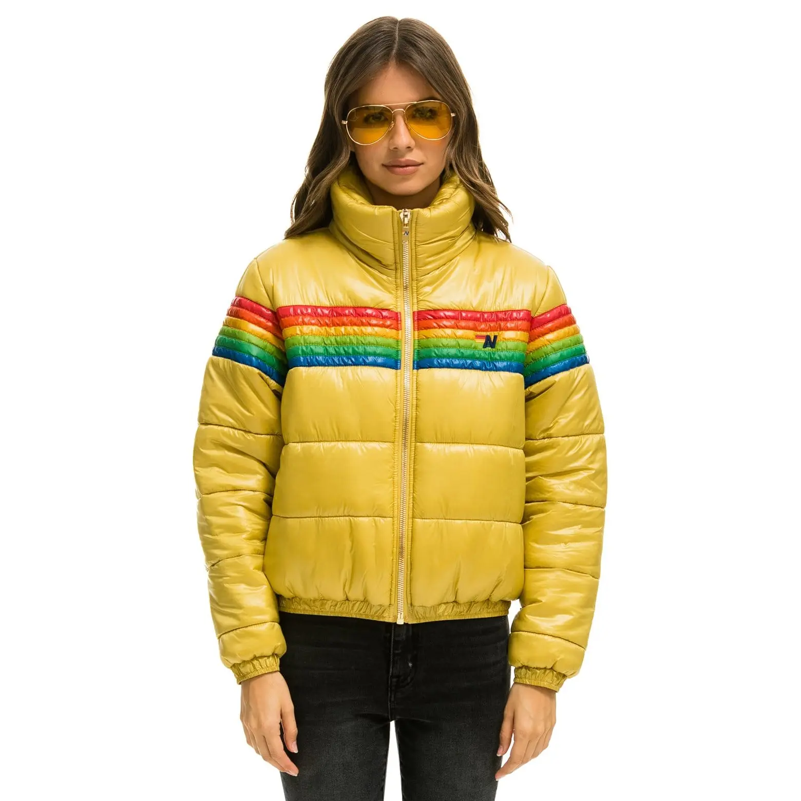 6 STRIPE LUXE APRES PUFFER JACKET - GLOSSY KHAKI